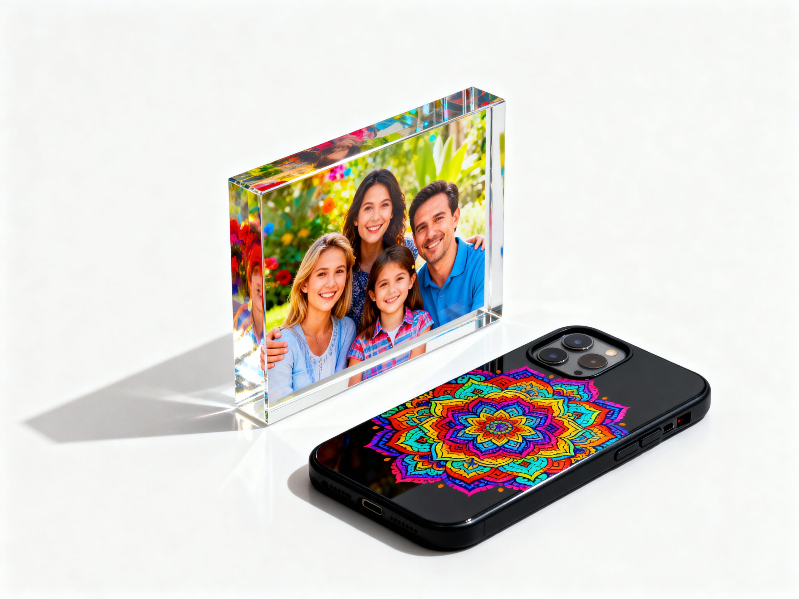 Hochwertiger UV-Druck auf einem Acrylglas-Fotoblock und einer Handyhülle