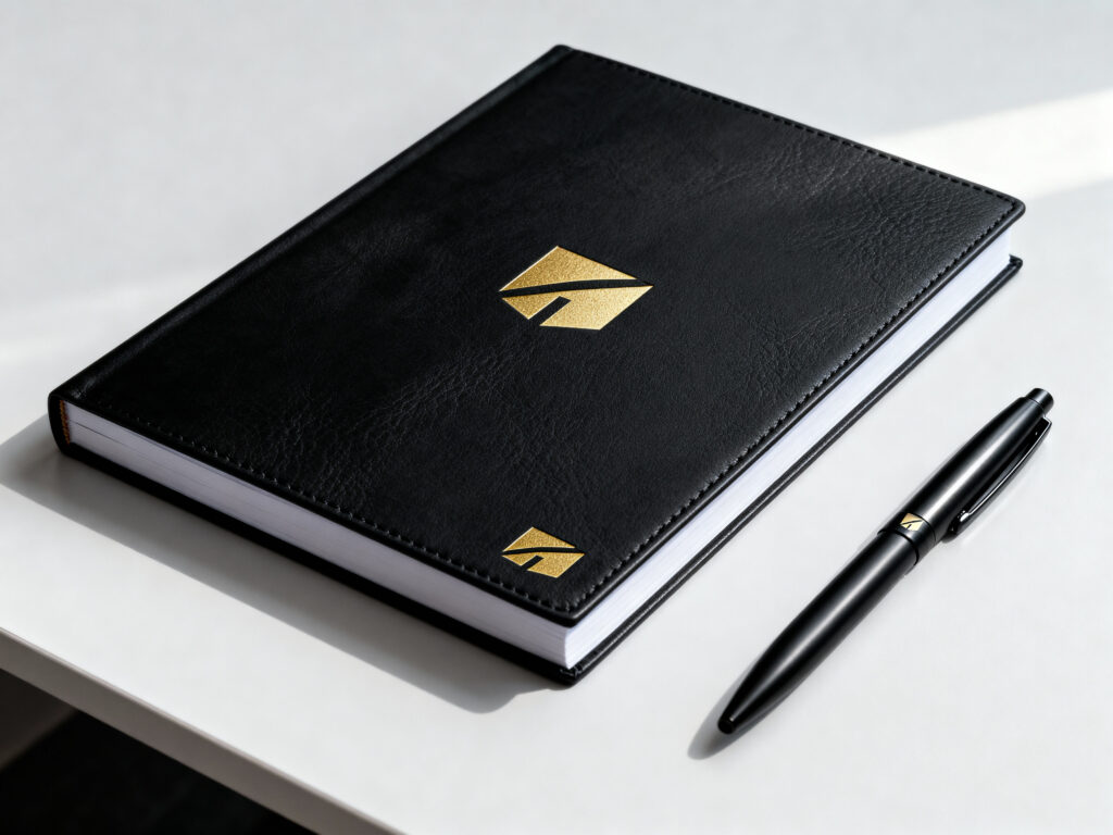 Hochwertige Werbegeschenke für Firmen: Notizbuch und Stift mit Logo