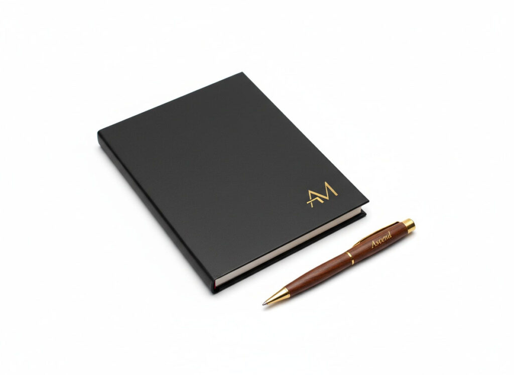 Hochwertige, personalisierte Firmengeschenke: Notizbuch und Stift mit Logo