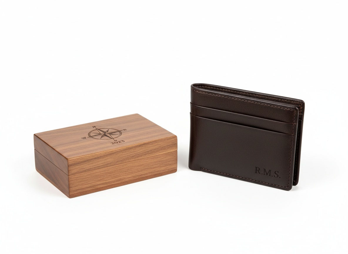 Elegante personalisierte Geschenke für Ihn: Brieftasche und Holzkiste mit Gravur