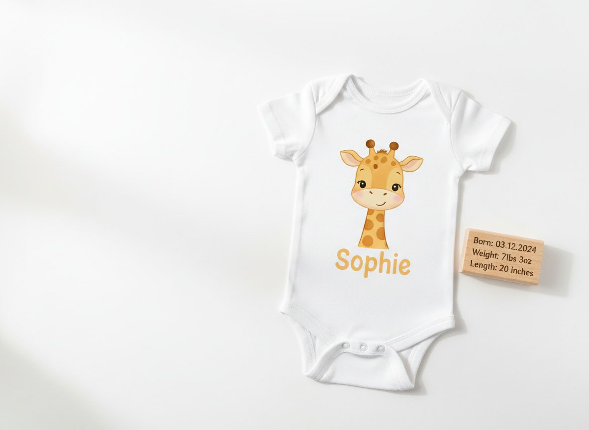 Personalisierte Geschenke zur Geburt: Baby-Body und Holzblock mit Namen