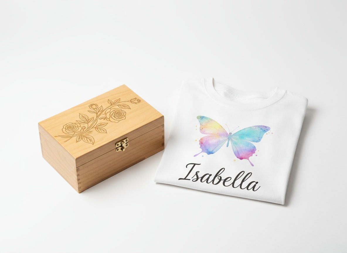 Personalisierte Geschenke für Sie: Schmuckkästchen und T-Shirt mit Druck