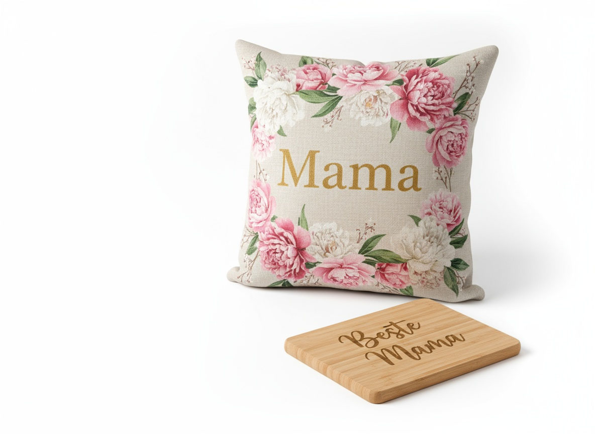 Personalisierte Geschenke zum Muttertag: Graviertes Schneidebrett und bedrucktes Kissen