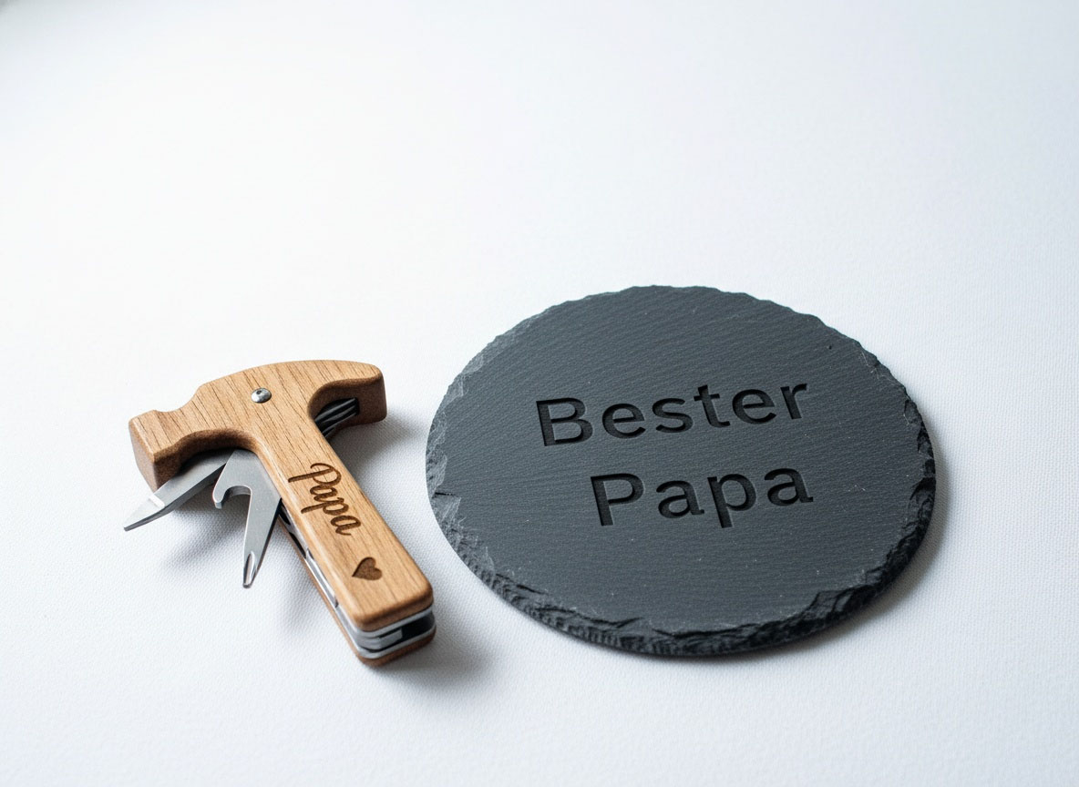 Personalisierte Geschenke zum Vatertag: Gravierter Schieferuntersetzer und Werkzeug