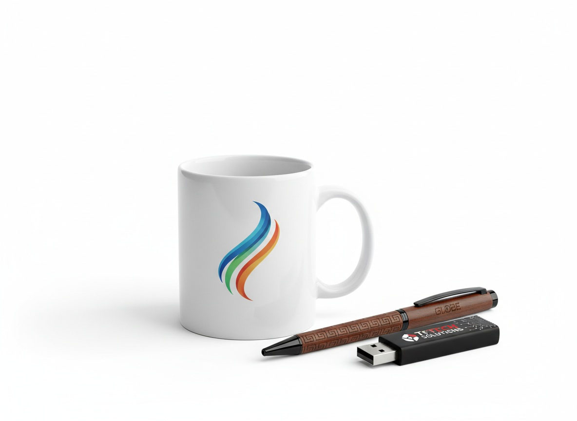 Hochwertige Werbegeschenke mit Logo-Druck: Tasse, Stift und USB-Stick