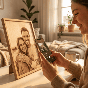Ein lachendes Paar in einem Holzrahmen mit personalisiertem QR-Code, perfekt als liebevolles Geschenk bei ZauberGeschenk.