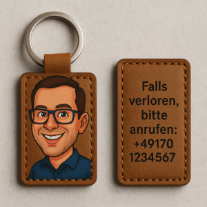 Schlüsselanhänger aus Leder mit 3D-Karikatur & Telefonnummer
