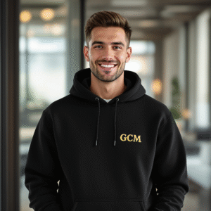 Person trägt schwarzen Hoodie mit Personalisierung - Lifestyle-Foto