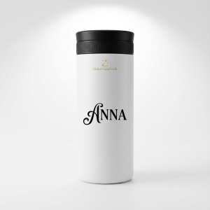 Personalisierter weißer Thermobecher mit Sublimationsdruck, individueller Name ANNA, Edelstahl mit schwarzem Schraubdeckel