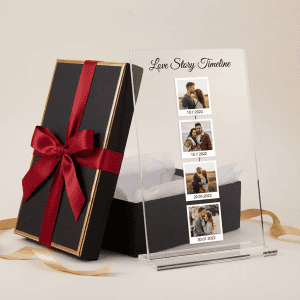 Hochwertige Love Story Timeline mit individualisierten Fotos, perfektes Geschenk für Paare.