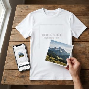 T-Shirt Personalisierung Prozess mit Smartphone-App, eigenes Design hochladen und bestellen, visueller Konfigurator