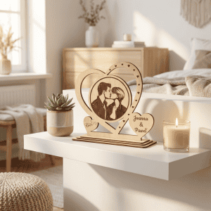 Holzherz mit Foto im Wohnzimmer auf Regal, romantische Dekoration für Zuhause