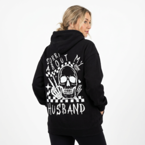 Damen Hoodie Schwarz Sorry About My Husband Oversized mit lustigem Skelett Print